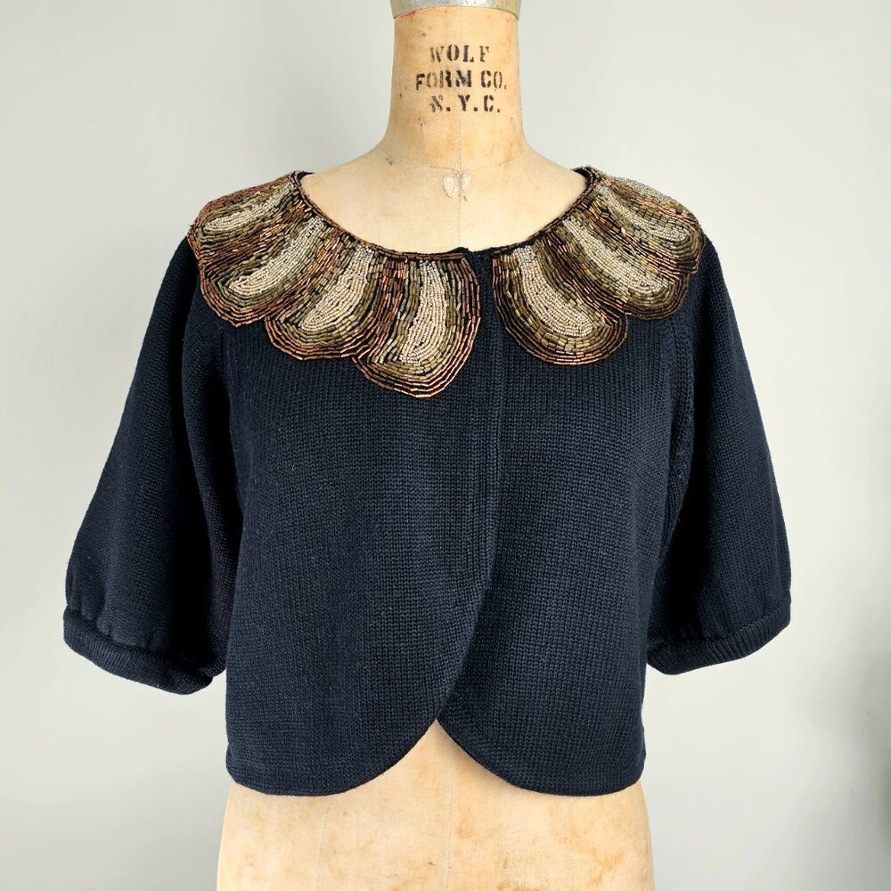Tibi Black Cropped Cardigan Hand-Beaded Scalloped Collar